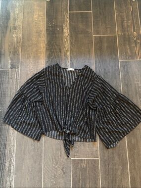 lavender field Black Striped Tie-Front V-Neck Blouse